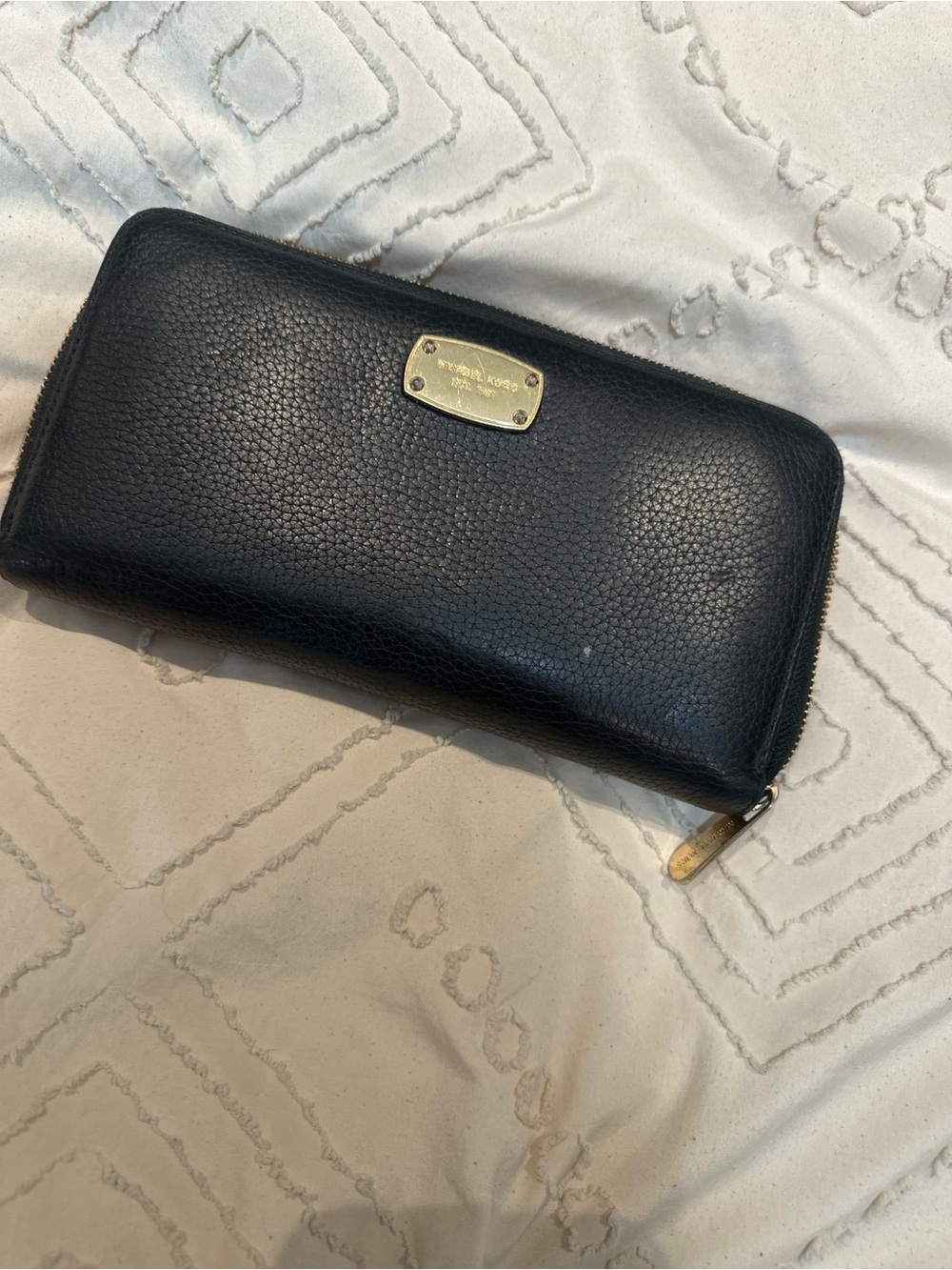 Michael Kors Black Pebbled Leather Zip-Around Wallet with Gold Plate